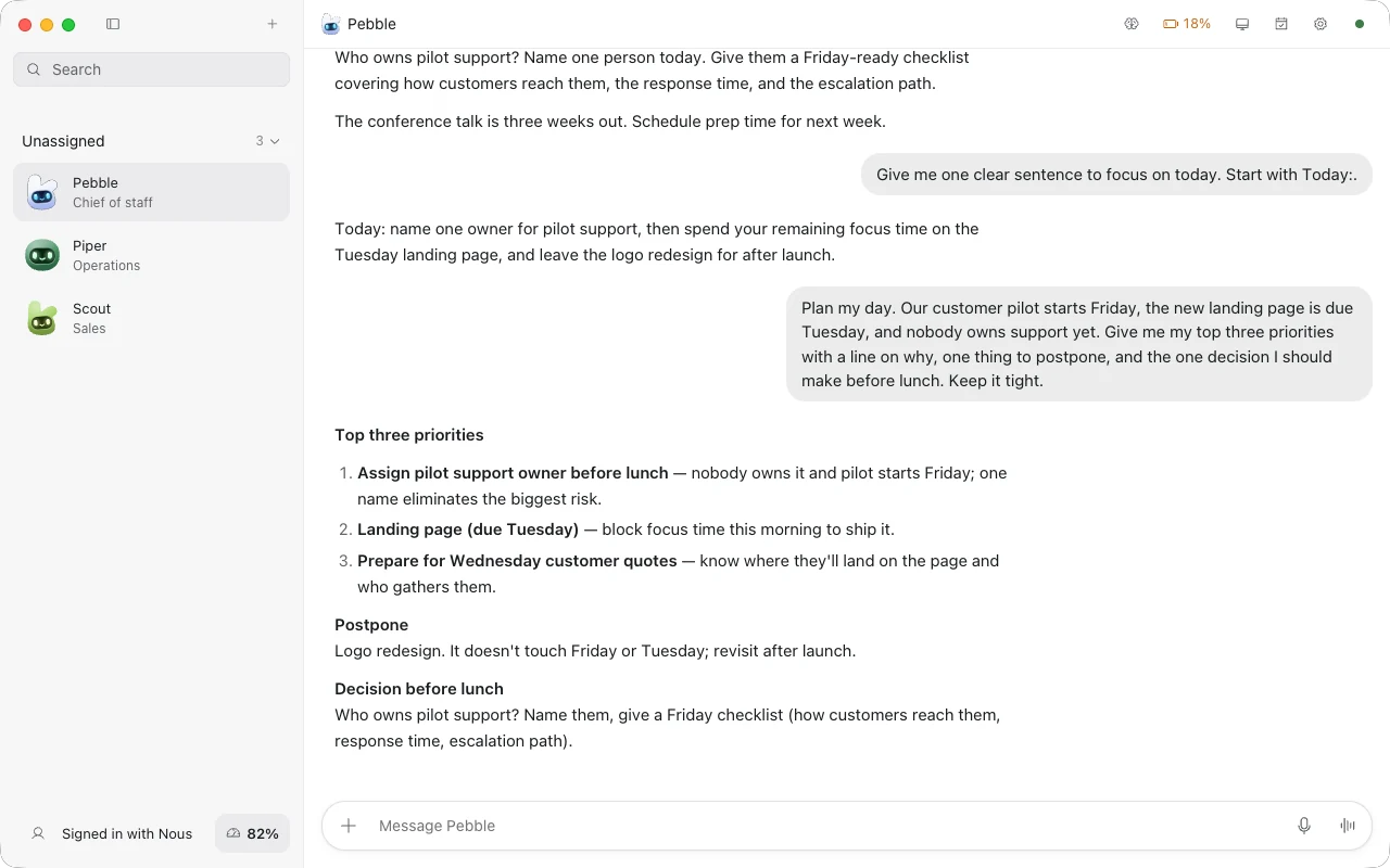 Pebble, the chief of staff, answering a planning request in the Pebble app, with Piper and Scout in the sidebar